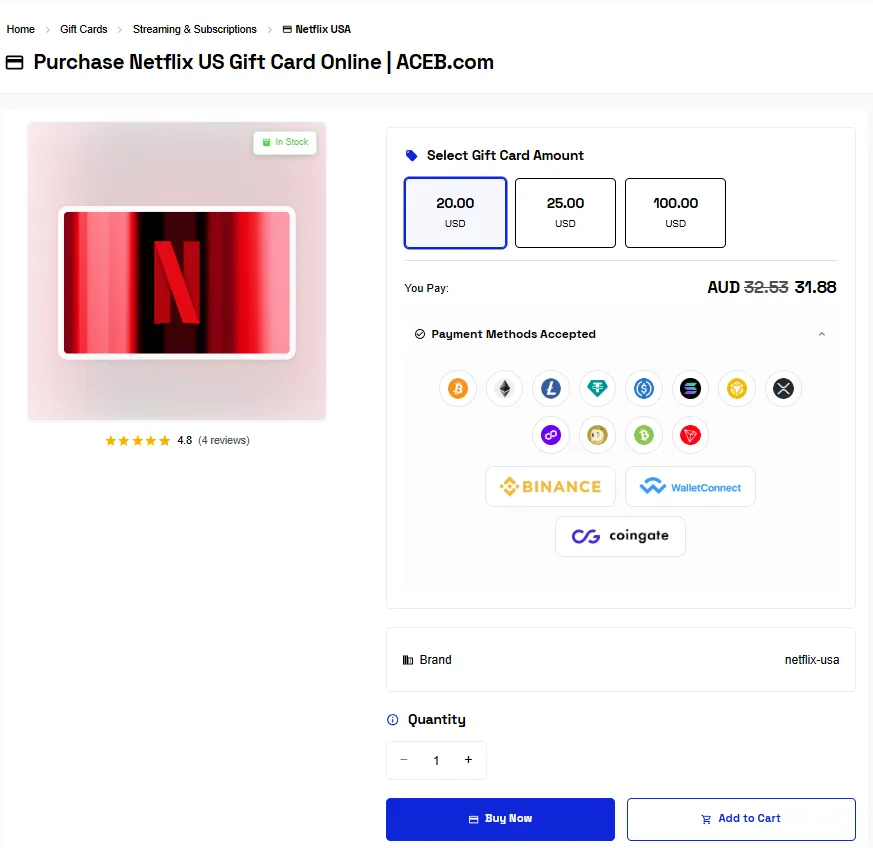 Example of selecting a digital gift card product on ACEB.com before paying with Ethereum